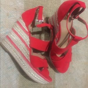 Nine West Red Straps with beige and gold wedges.